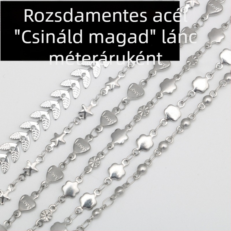Rozsdamentes acél karkötő szív alakú, ötágú csillaggal és kör gyöngyökkel; DIY repülőgép-stílusú nyaklánc búza motívummal – félkész