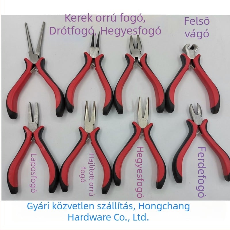 Mini fogók hobbyhoz, 4,5 hüvelyk hosszú, piros-fekete markolat, hosszú hegyű fogó, ferde szájú fogó, huzalfogó ékszerkészítéshez