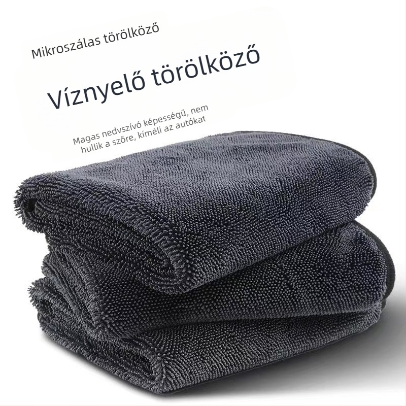 Mikroszálas autómosó törölköző, nedvszívó, szöszmentes, egy rétegben csavart fonatú szövés, tisztító kendő autóhoz