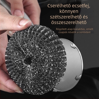 Hosszú nyelű rozsdamentes acél fazék keféje – konyhai acélgyapot tisztító