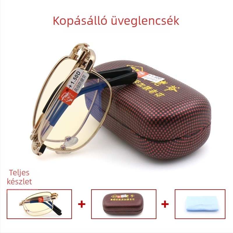 Anti-kék fény olvasó szemüveg összecsukható fém tok és HD üveg bevonattal