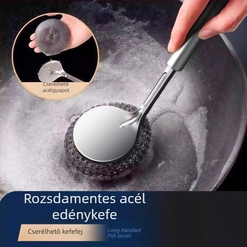Rozsdamentes acél edényekhez hosszú nyelű – nagy acél gyapjú golyóval tisztítóeszköz