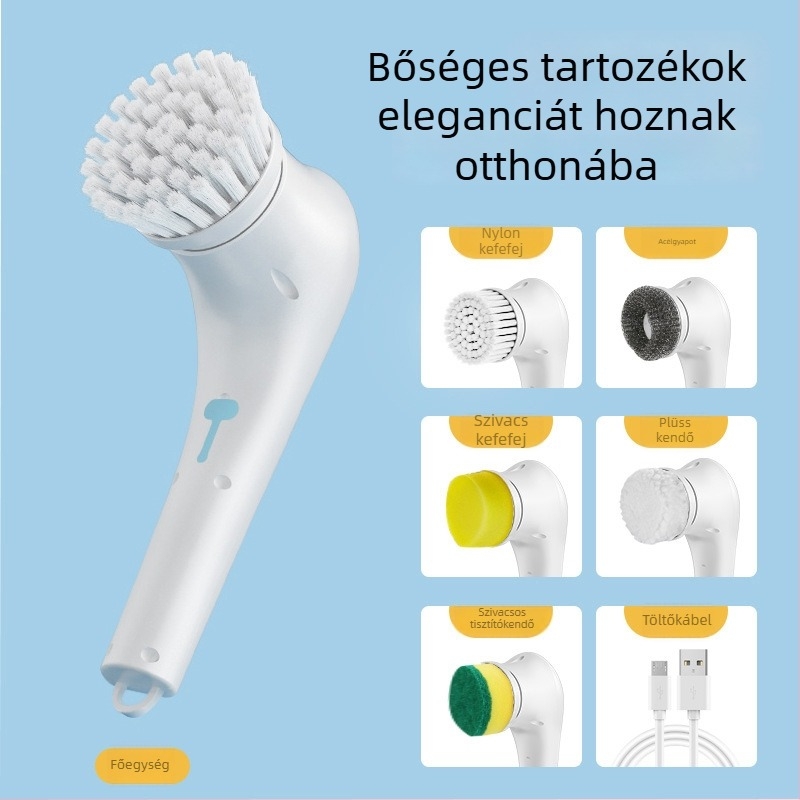 Ötfejű elektromos tisztító kefe, hosszú nyél, kézi használatra a konyhában, USB-s újratölthető