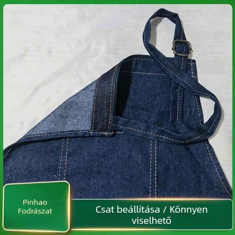 Egyoldalas denim kötény, ujj nélküli, poliészter, univerzális méret, modern minimalist stílus kávézók és teázók számára