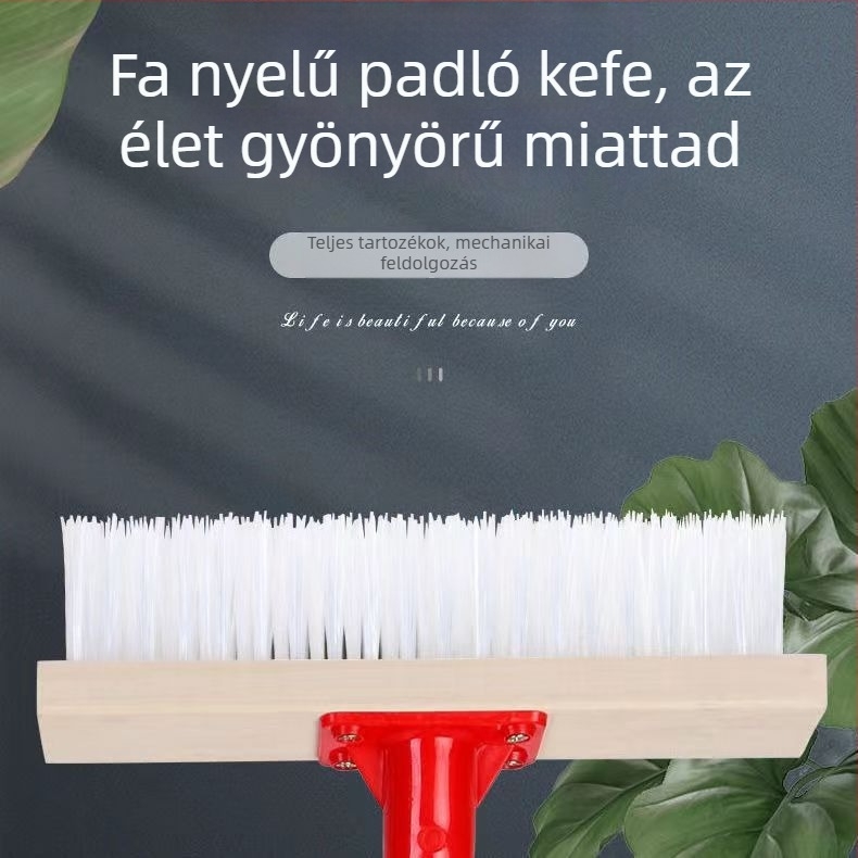 Fából készült hosszú nyelű, merev szálú padlótisztító kefe, fürdőszoba, konyha, csempe és kültéri felületek