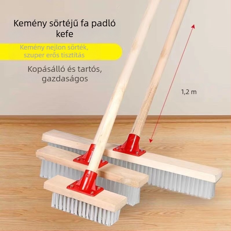 Fából készült hosszú nyelű, merev szálú padlótisztító kefe, fürdőszoba, konyha, csempe és kültéri felületek