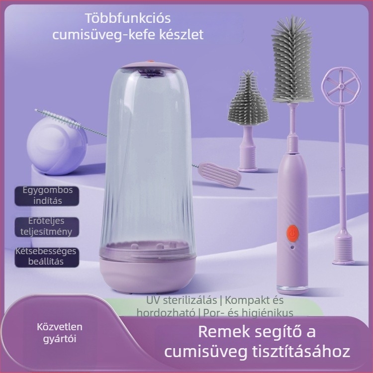 Elektromos cumisüveg-kefe UV-fertőtlenítéssel, multifunkciós cumisüveg-kefe hosszú nyéllel, újratölthető tisztító készlet