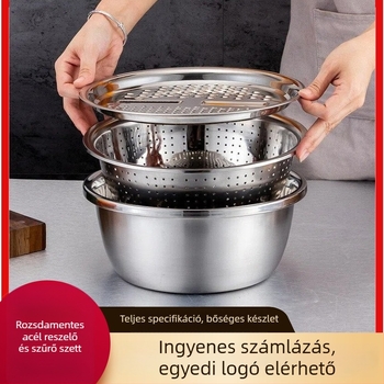 Háromrészes rozsdamentes acél konyhai szett reszelt zöldségekhez és szeleteléshez, fűszertartó, leszűrőkosár és mosóedény
