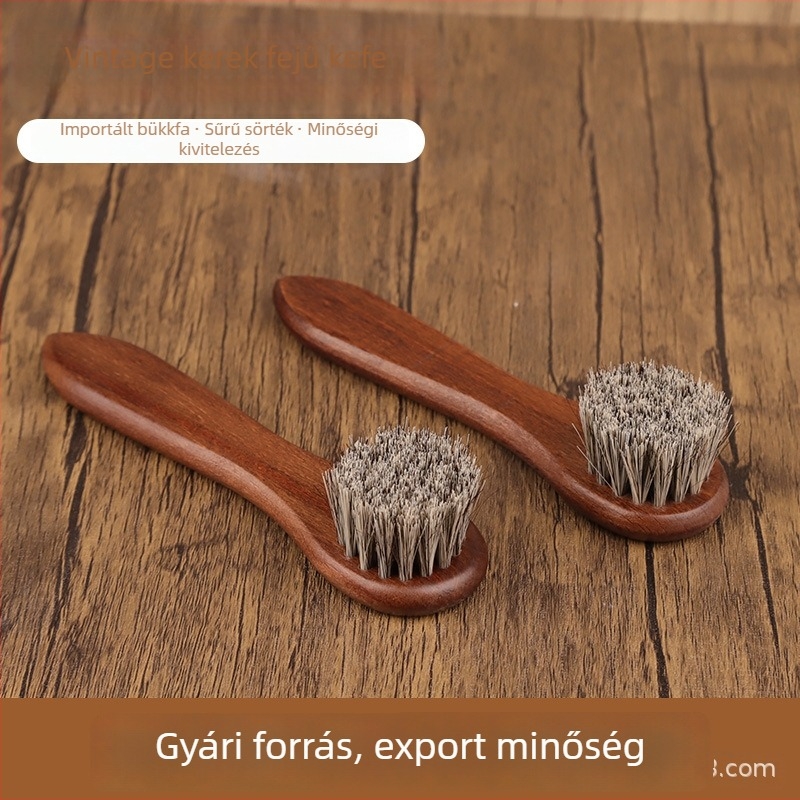 Retro tömörfa cipőecset lófarokszőrrel, 15 cm körkörös fej, magas minőségű, a bőr cipők ápolásához és polírozásához