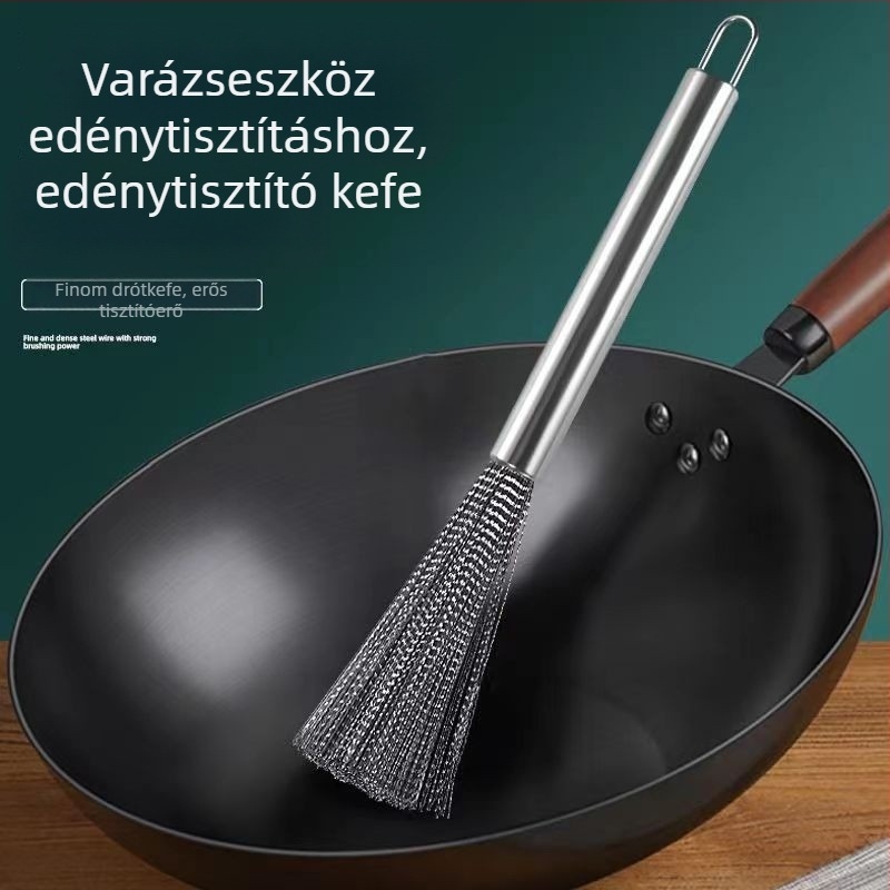 Rozsdamentes acél edénytisztító kefe 304-es acélhuzallal, hosszú nyéllel, konyhai tisztításra, nem tapadó edényekhez