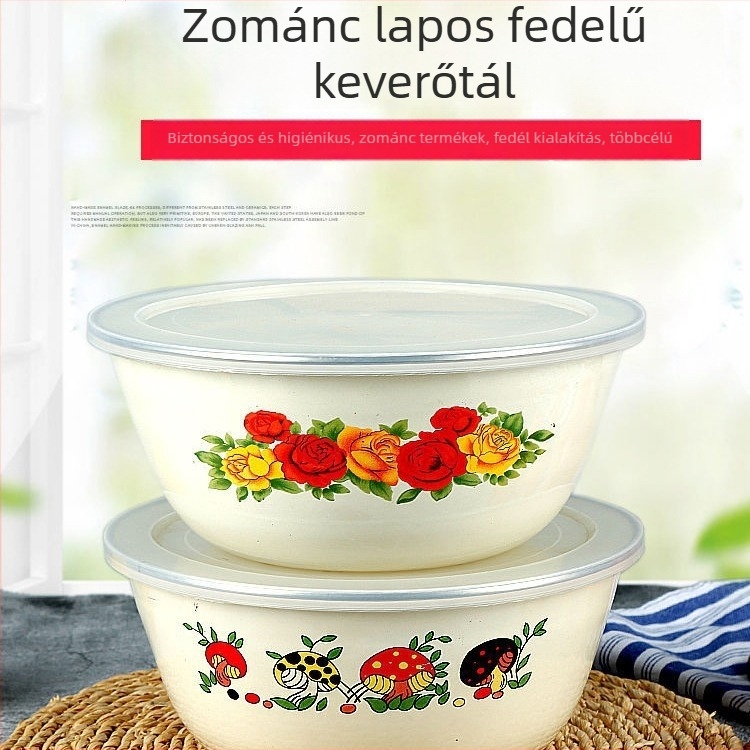 Vastag zománcozott tál fedővel, konyhai használatra; levesekhez, tésztákhoz, salátákhoz és keveréshez; klasszikus nosztalgikus dizájn