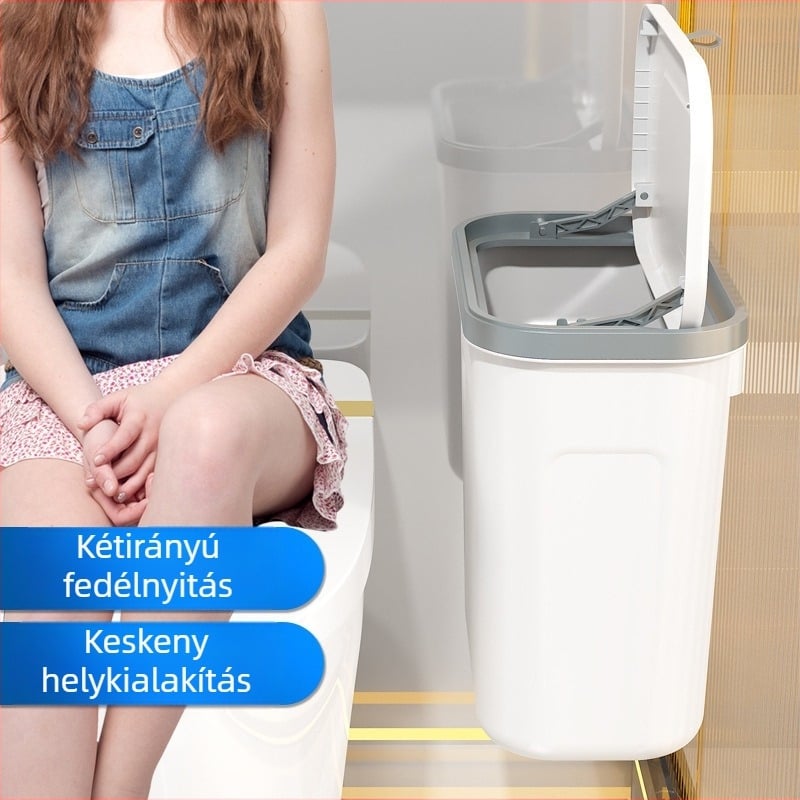 Fali szemetes fürdőszobába, ragasztós felülettel, fúrás nélkül, 10 literes, ovális alakú, műanyag