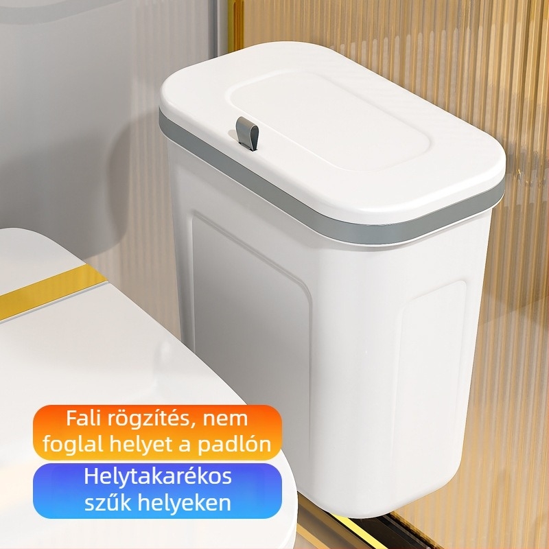Fali szemetes fürdőszobába, ragasztós felülettel, fúrás nélkül, 10 literes, ovális alakú, műanyag