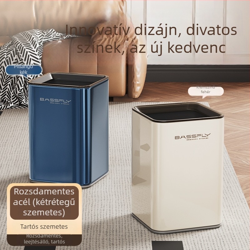 Rozsdamentes acélból készült kuka, prémium megjelenés, 12L kapacitás, dupla réteg, fedél nélküli, négyzet alakú, háztartási használatra (konyha és fürdőszoba), nyomógyűrűvel