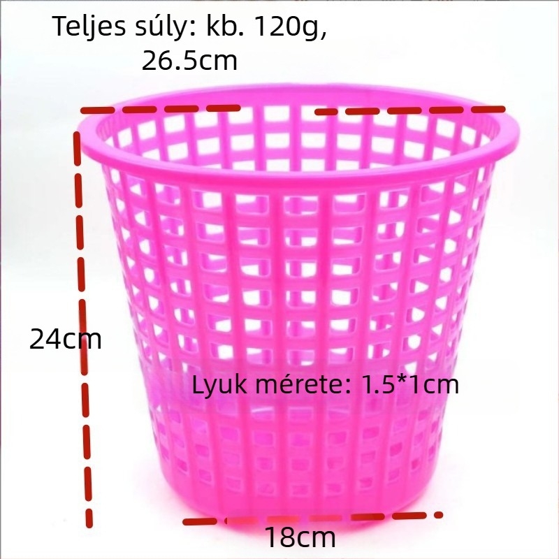 Színes műanyag, áttört kialakítású szemetes, 4 L, hengeres alakú, fedél nélküli, háztartási használatra