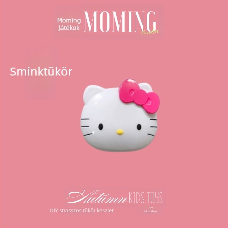 Cartoon Pink KT Utazó Tükör, Hordozható Sminktükör, Mini Összecsukható Fésűvel, DIY Kis Tükör
