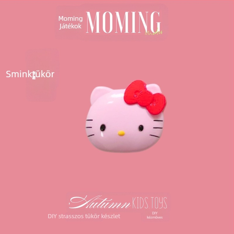 Cartoon Pink KT Utazó Tükör, Hordozható Sminktükör, Mini Összecsukható Fésűvel, DIY Kis Tükör
