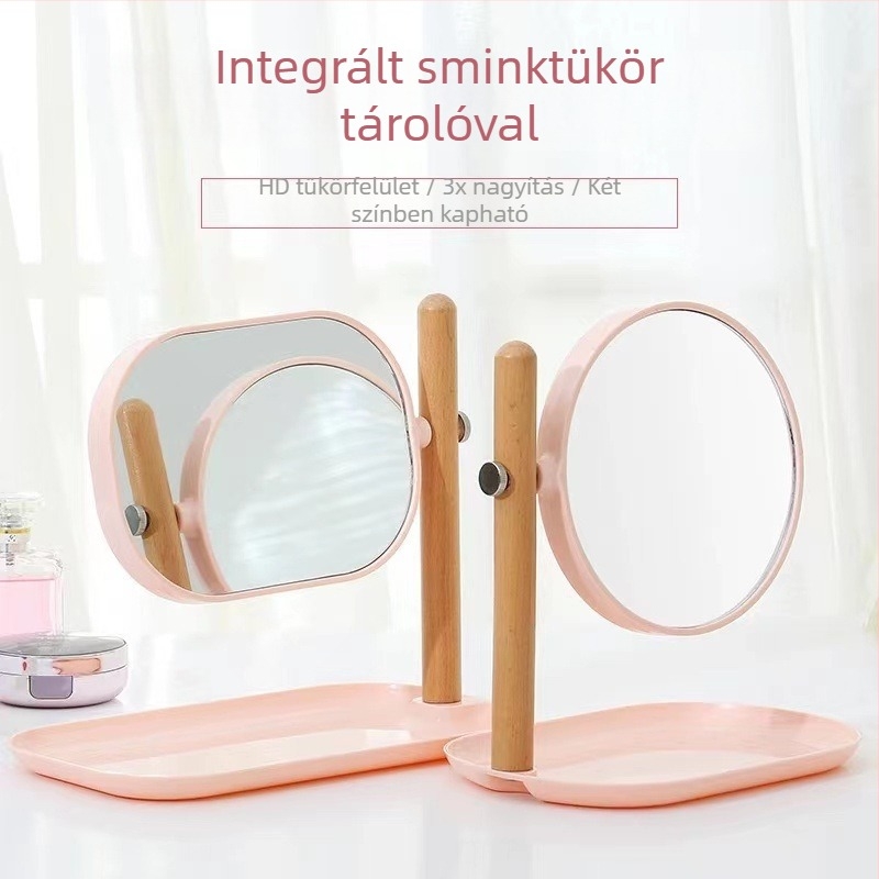 Fából készült asztali tükör tálcával, kétoldalú nagyító sminktükör, lányos stílusú asztali sminktükör