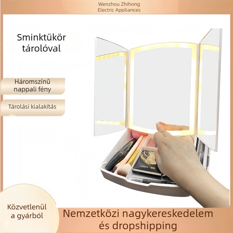 Kis hordozható összecsukható sminkorganizátor LED-es megvilágítású tükörrel és háromajtós tárolóval