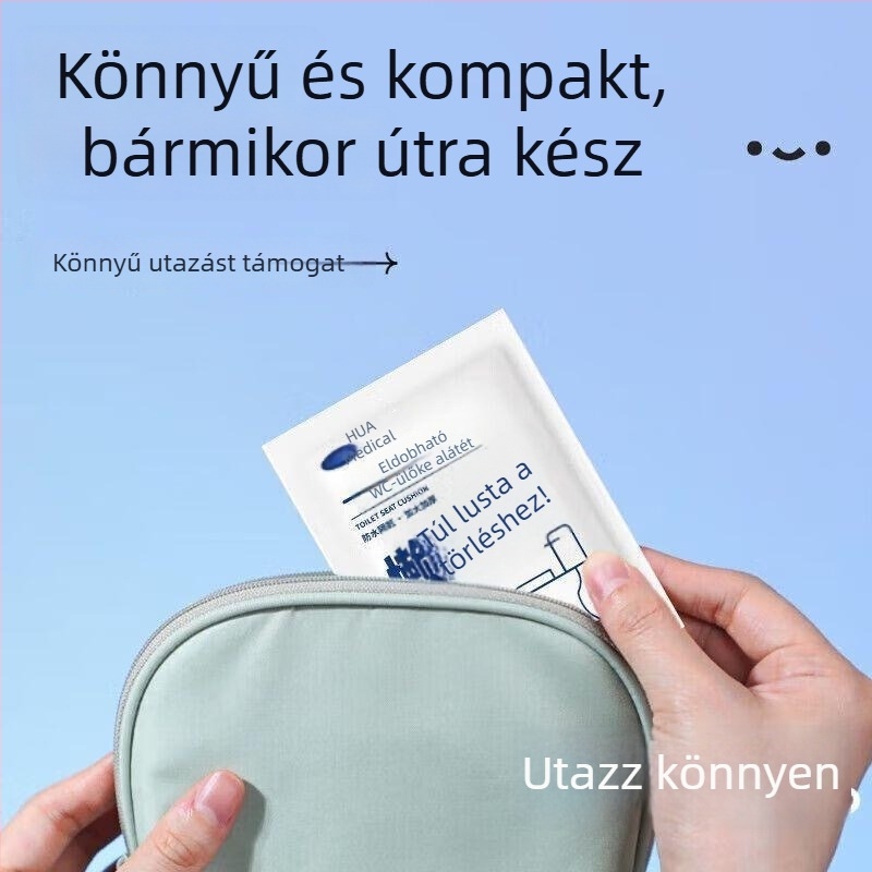 Egyszer használatos WC-ülésvédő, hosszított és vastagított kivitelben utazásokhoz és szállodákhoz; PE-filmes alátét gyűrűvel, szülés utáni gondozáshoz.