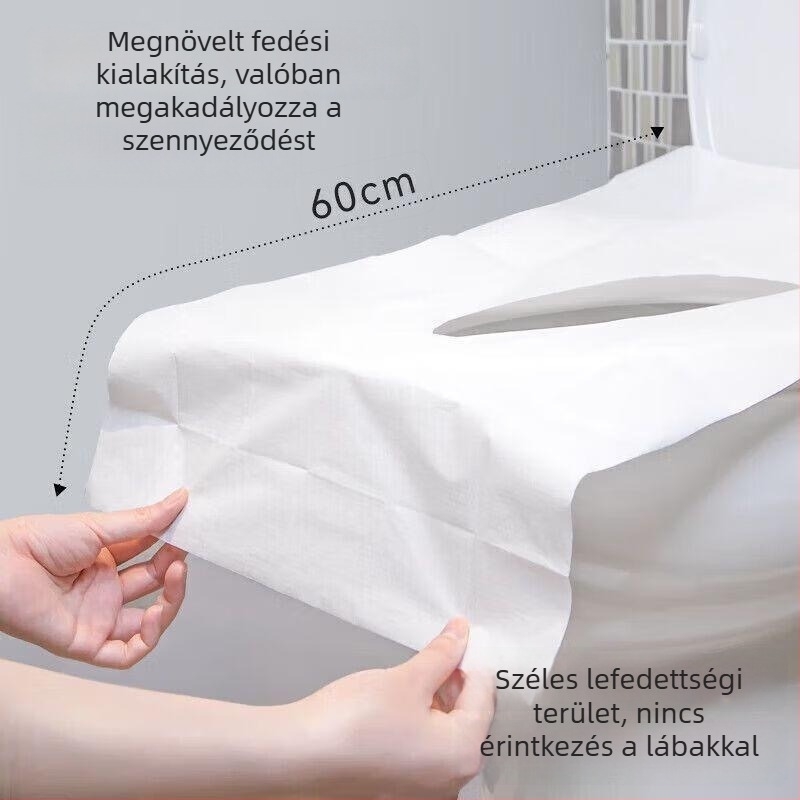 Egyszer használatos WC-ülésvédő, hosszított és vastagított kivitelben utazásokhoz és szállodákhoz; PE-filmes alátét gyűrűvel, szülés utáni gondozáshoz.