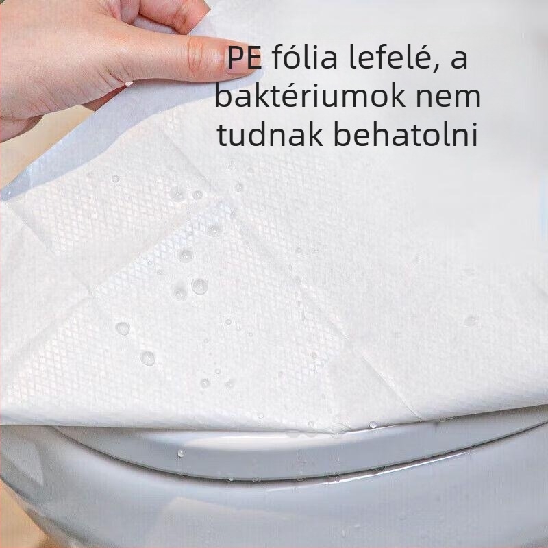 Egyszer használatos WC-ülésvédő, hosszított és vastagított kivitelben utazásokhoz és szállodákhoz; PE-filmes alátét gyűrűvel, szülés utáni gondozáshoz.