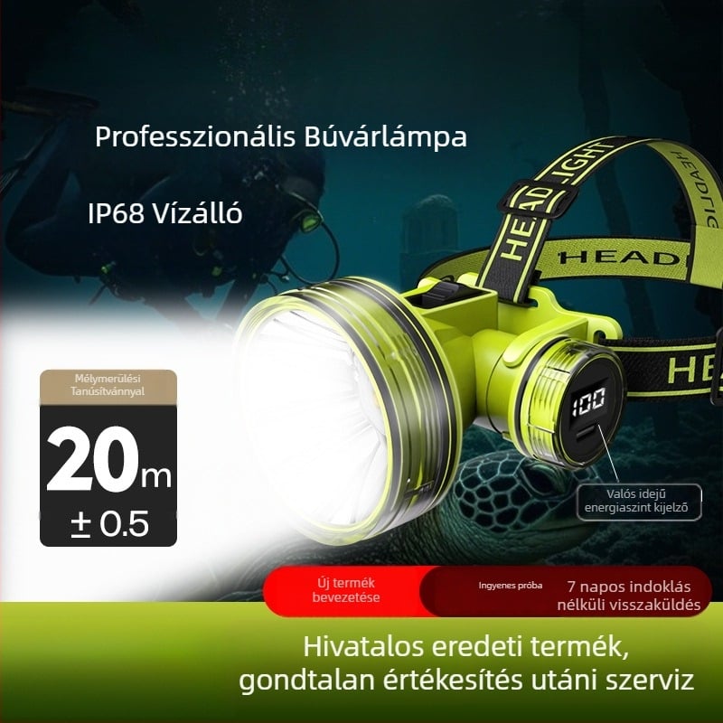 Búvár fejlámpa, vízálló, ultra fényes, kültéri és víz alatti használatra