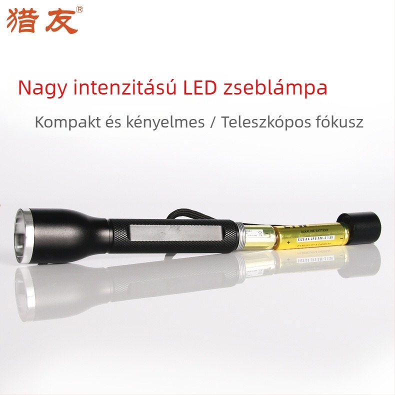 LED zseblámpa alumíniumötvözet testtel, 2 AA elem, teleszkópos zoom, kültéri használat, optikai többfunkciós