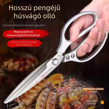 Hosszú, rozsdamentes acélból készült konyhai grillolló, élelmiszerolló, multifunkcionális csirke csontolló, háztartási hosszú nyél, erős olló