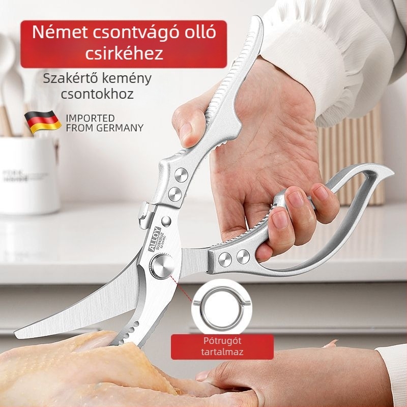 Rozsdamentes acélból készült konyhai olló, erős, többfunkciós – hús, csontok és hal számára