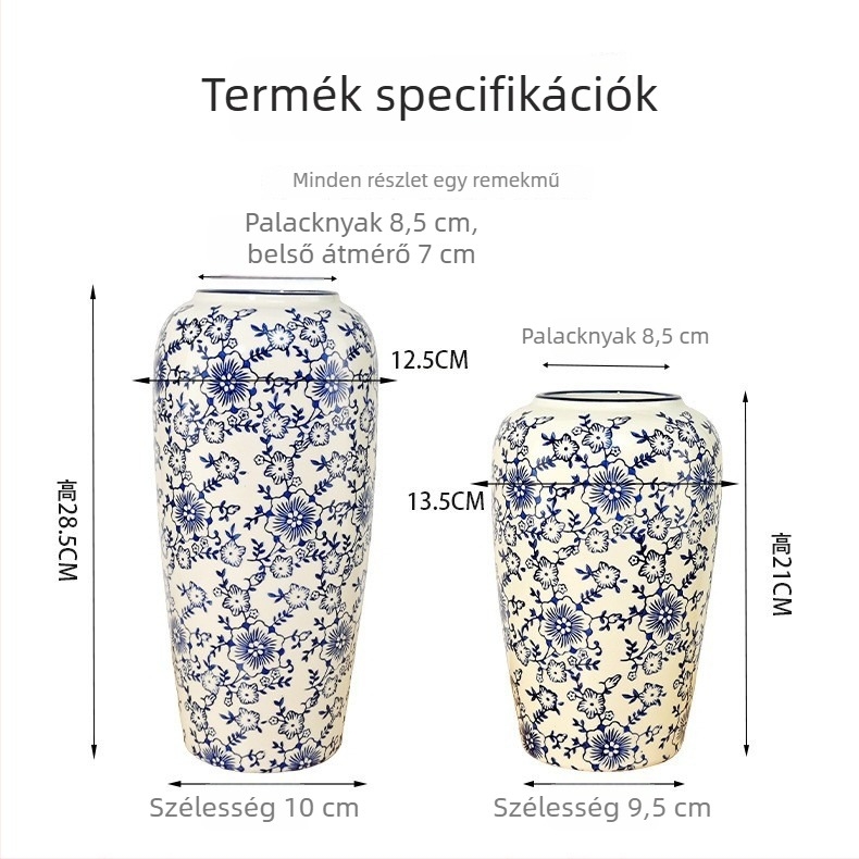 Kínai stílusú kék‑fehér porcelán váza, kerámia virágkompozícióhoz, nappali/előszoba dekoráció