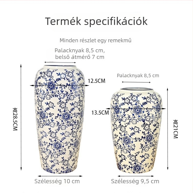 Kínai stílusú kék‑fehér porcelán váza, kerámia virágkompozícióhoz, nappali/előszoba dekoráció