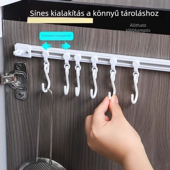 Csúszó sínű konyhai akasztókészlet, öntapadós horogokkal, ajtó mögötti telepítéshez, egy sor akasztók és akasztórudak