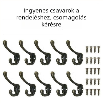 Falra szerelhető ruhakasztó cinkötvözetből, dupla kampó, csúszásmentes, szekrényhez, gardróbhoz és fürdőszobához, antik stílus