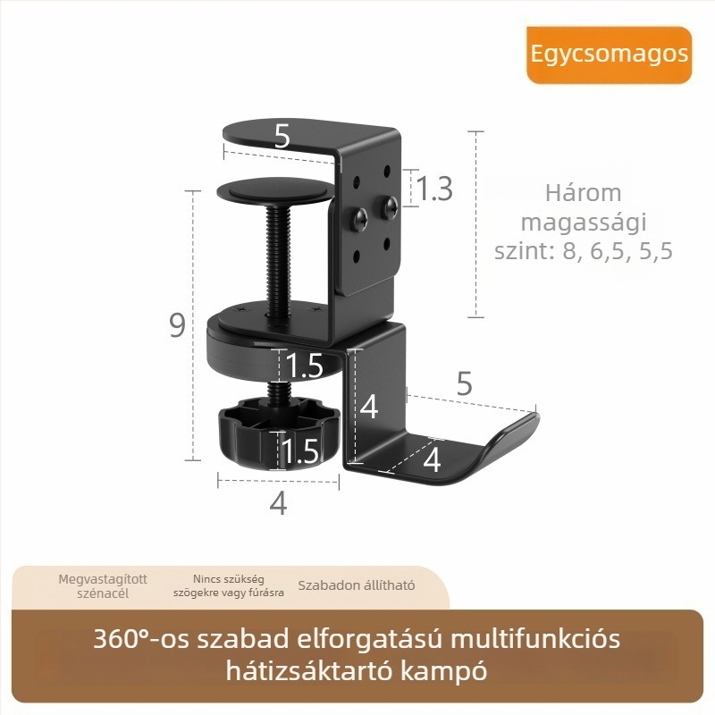 Íróasztalhoz fúrás nélküli táskaakasztó, állítható, fém felépítésű, modern, minimalist stílus, teherbírás 1–3 kg, Shell Stone