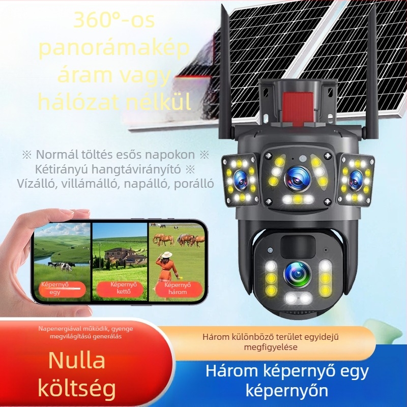 Napelemes megfigyelő kamera 4G, kültéri, vezeték nélküli, távoli hozzáférés okostelefonon, HD éjjellátás, 360° vízálló