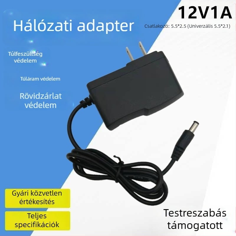 DC tápegység kiválasztott kimenetekkel: 5V 1A, 6V, 9V, 12V LED-hez, megfigyelő kamerához, set-top boxhoz, routerhez és optikai modemhez