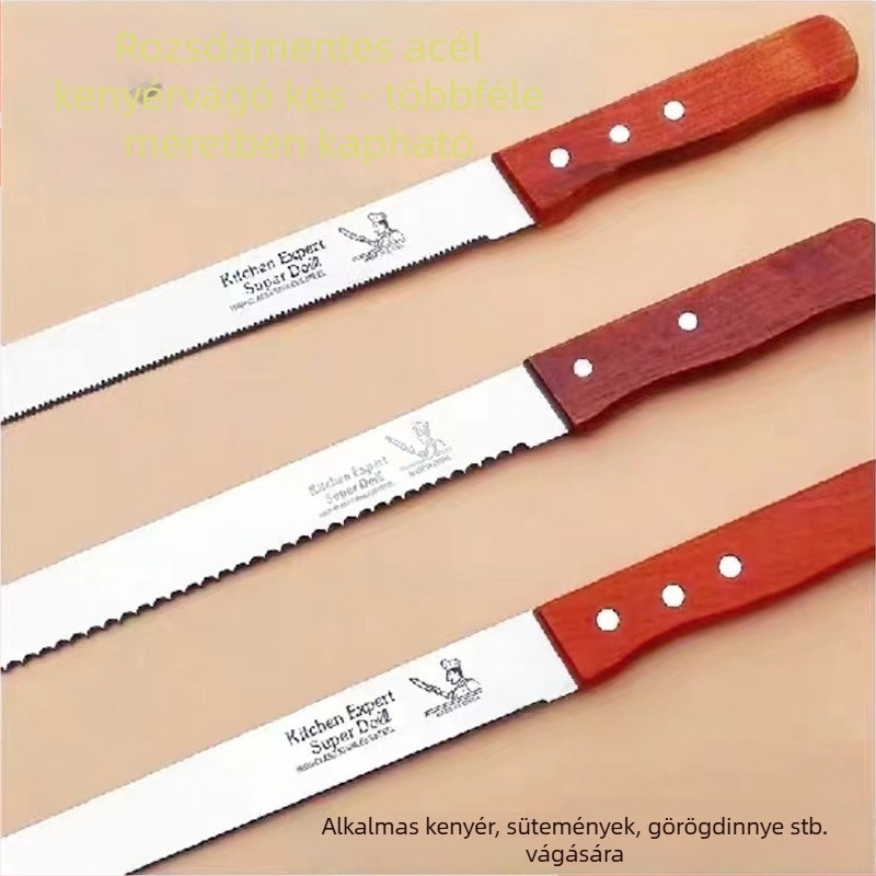 Rozsdamentes acél kenyérvágó kés fa nyéllel, recézett élű