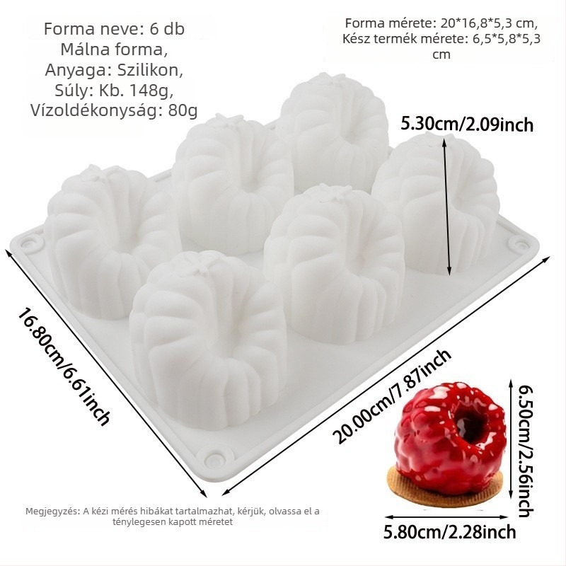 6 rekeszes nagy szilikon forma málna mousse tortákhoz és zselés édességekhez