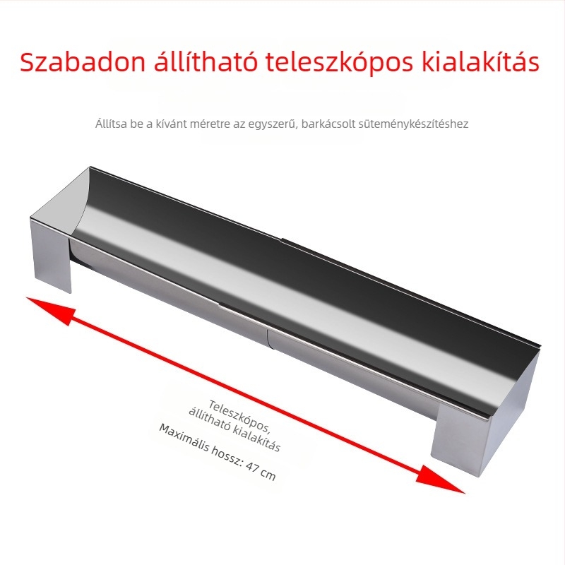 Rozsdamentes acélból készült teleszkópos U-alakú tortaforma, 47 cm hosszú, családi sütéshez