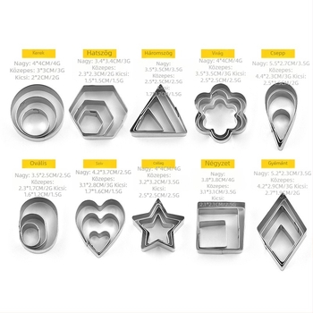 Rozsdamentes acél sütiforma készlet, 30 darab, geometriai formák, sütési eszközök