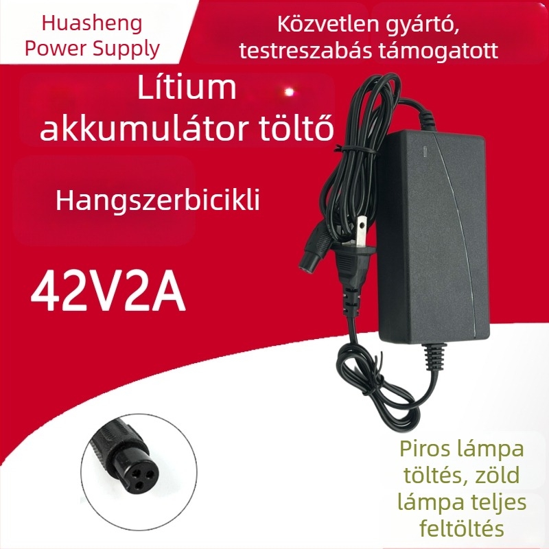 Hoverboard töltő 42V 2A, falra szerelt, piros/zöld LED kijelzővel, 3-pontos repülőcsatlakozóval, Li-ion akkukhoz