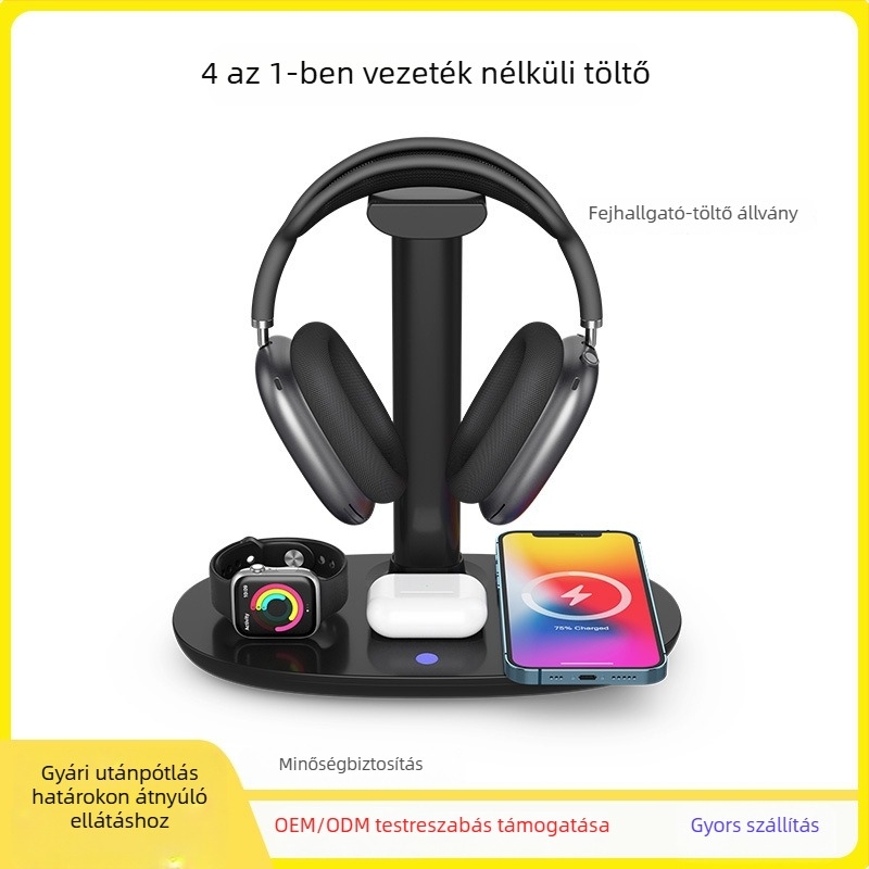 Fejhallgató-tartó és 4 az 1-ben vezeték nélküli töltő iPhone-hoz és Apple Watch-hoz