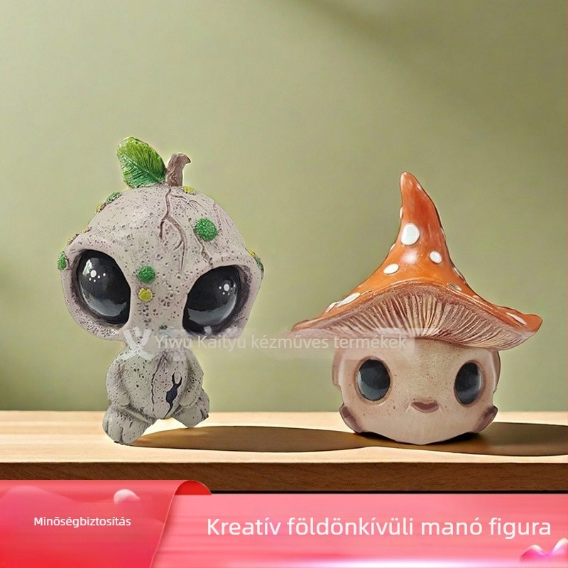 Nagy szemű gomba-elf rezin figurka otthoni dekorációhoz – kreatív idegen elf dísztárgy