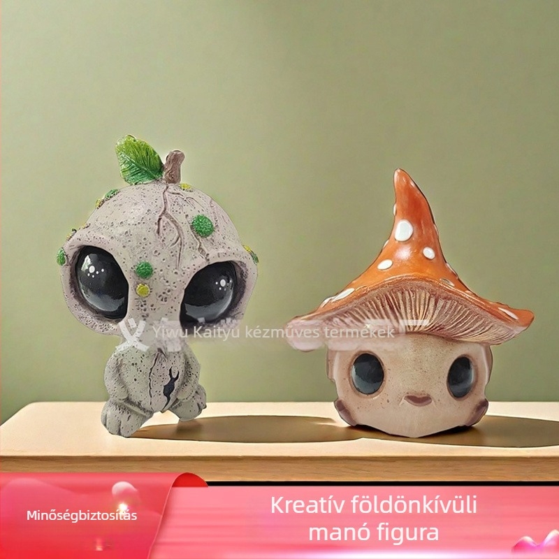 Nagy szemű gomba-elf rezin figurka otthoni dekorációhoz – kreatív idegen elf dísztárgy