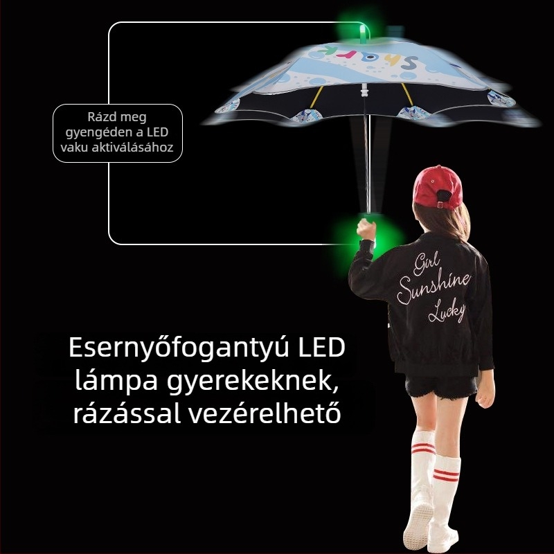 LED világító gyerekeknek szánt esernyő – aranyos rajzfilmszerű dizájn, kerek sarkok, szúrás elleni védelem, fekete gumírozott esernyő, kettős használat napra és esőre