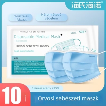 Haishi Hainuo 10 darabos orvosi sebészeti maszk felnőtteknek, egyszer használatos, háromrétegű, légáteresztő