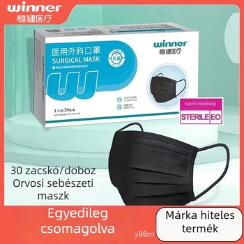 Robust Medical egyszer használatos sebészeti maszk, egyenként csomagolva, háromrétegű nemszövött anyagból, fekete, felnőtteknek