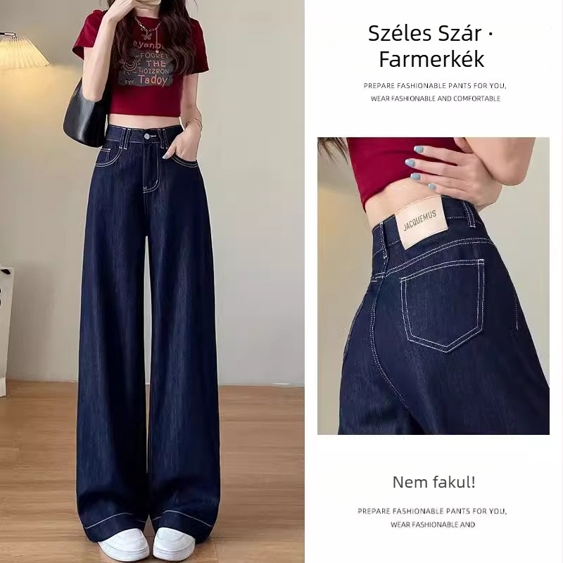 Női magas derekú egyenes szabású farmernadrág kék denimmel, laza, körte alakú széles lábakkal, padlót érő hossz