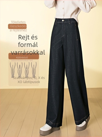 Női sötétkék széles szárú farmer, magas derekú, drapírozó hatás, patchwork panelek, laza szabás, padlóig érő